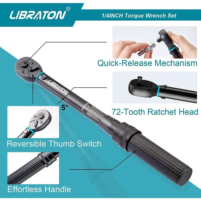 Libraton Clé dynamométrique pour vélo 1/4'', 5-25Nm, 0,1Nm Micro, jeu de clés dynamométriques à clic