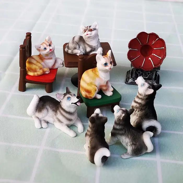 Ornement de bonsaï de chien Husky et de chat en résine pour décoration intérieure et extérieure pour amoureux des animaux et de la nature