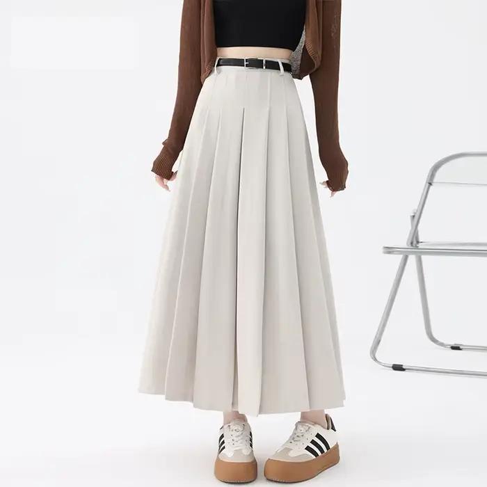 Jupe trapèze grise pour femme, taille haute, décontractée, en laine, longueur midi, pour le printemps et l'automne