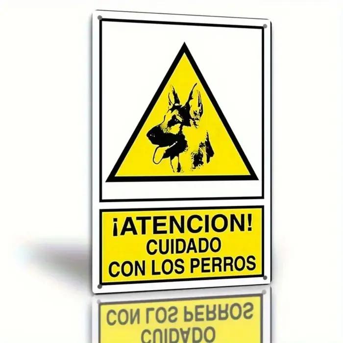 Panneau d'avertissement en métal « Attention, chien » - Plaque d'avertissement espagnole avec bordur