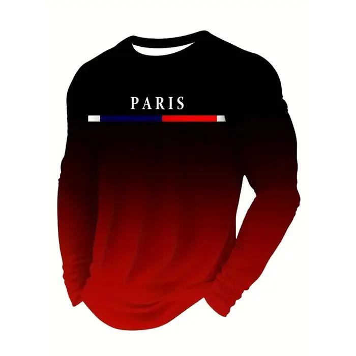 Texte Paris France solide décontracté à manches longues T-shirt pour hommes vêtements Sport Fitness respirant lâche
