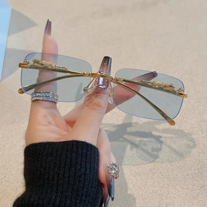 Lot de 12 lunettes anti-lumière rectangulaires sans monture léopard - Style Y2K unisexe UV400 randonnée