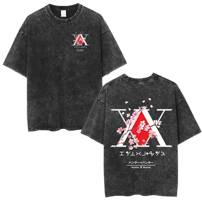 Anime Hunter X Hunter Logo Vintage lavé T-shirt Killua Gon fleur de cerisier graphique T-shirt hommes mode décontracté surdimensionné T-shirt
