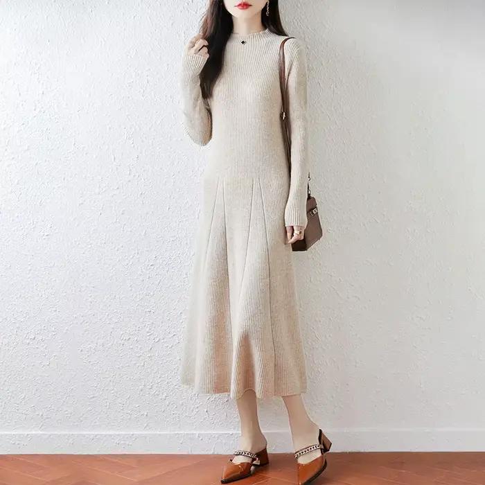 Nouvelle robe à col rond pour femmes avec pull 100% laine mérinos automne et hiver pull Long tricoté