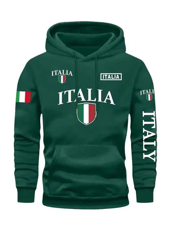 Sweat à capuche gris pour hommes, bouclier drapeau italien audacieux, lettre imprimée, pull décontracté, poche avant, poignets côtelés, ajustement confortable, mode urbaine