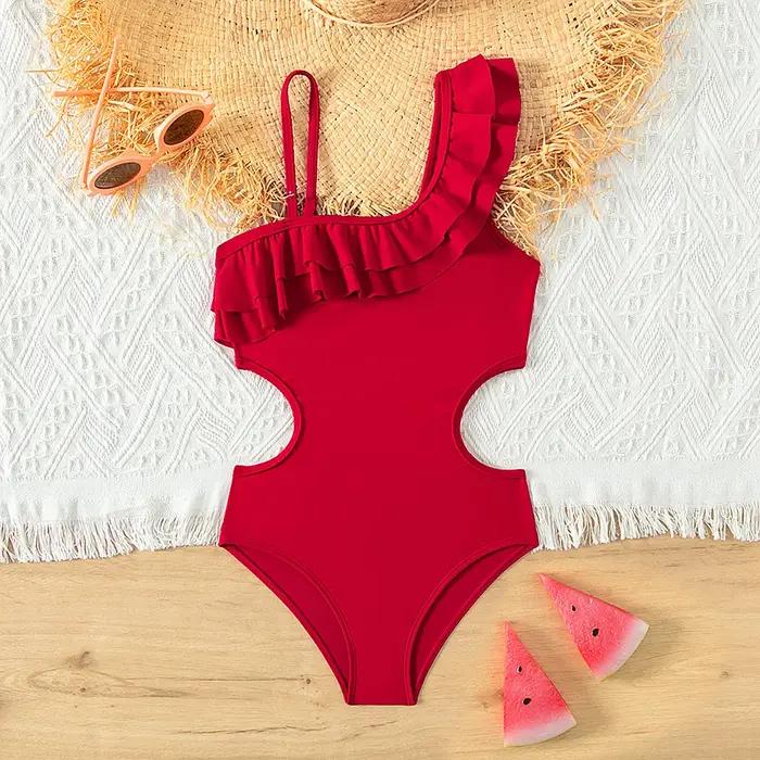 Mode épaule inclinée Plaid adolescentes une pièce maillot de bain 5-14 ans été enfants maillots