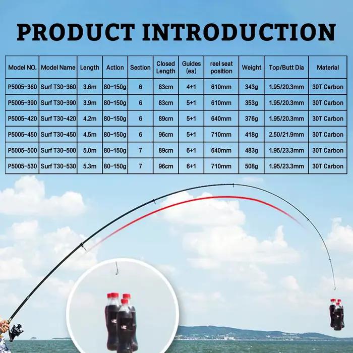 Canne pêche surfcasting télescopique PHISHGER 3.6/4.2/4.5m puissance 80-150g carbone 30T voyage bord mer