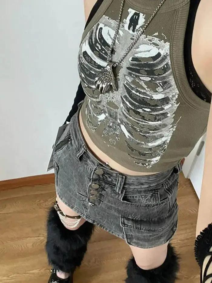 Punk Aesthetic Cyber Retro X-ray Skeleton Print Rib Sleeveless Vest ArmyGreen Crop Top Designer Clot