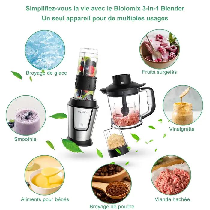 Robot culinaire multifonctionnel BioloMix 3 en 1 hachoir mixeur broyeur pour smoothies aliments bébés soupe sauce blender portable sans BPA