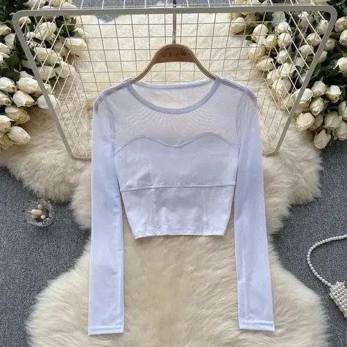 Femmes Chic maille transparente Patchwork à manches longues haut court mince Sexy coréen T-shirt mode col rond automne