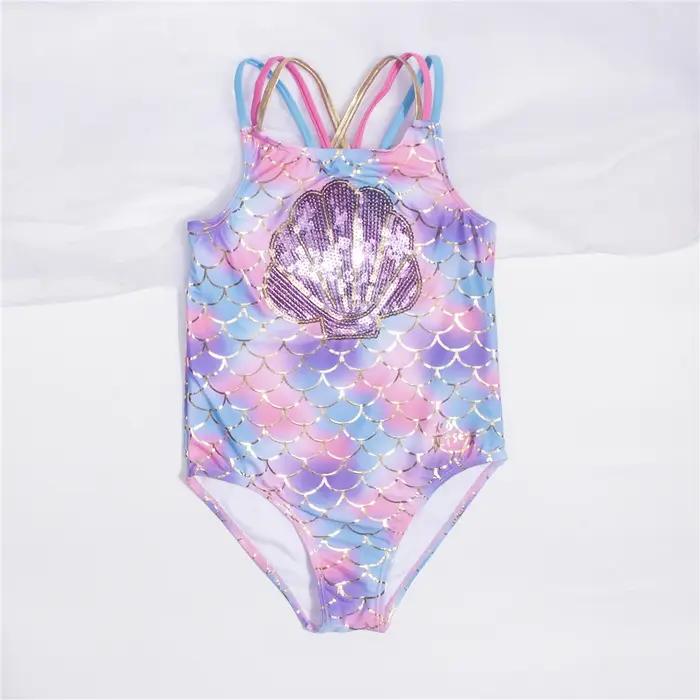 Maillot de bain une pièce pour filles et enfants, motif écailles de poisson, broderie en forme de co