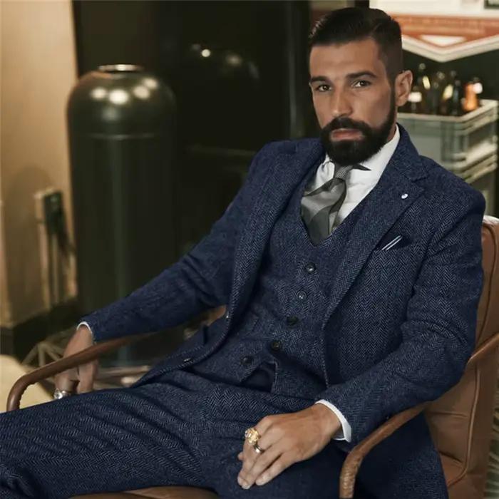 Costume d'hiver en Tweed de laine grise pour hommes, coupe cintrée, smoking formel pour marié, 3 pièces, costumes de mariage (veste + gilet + pantalon)