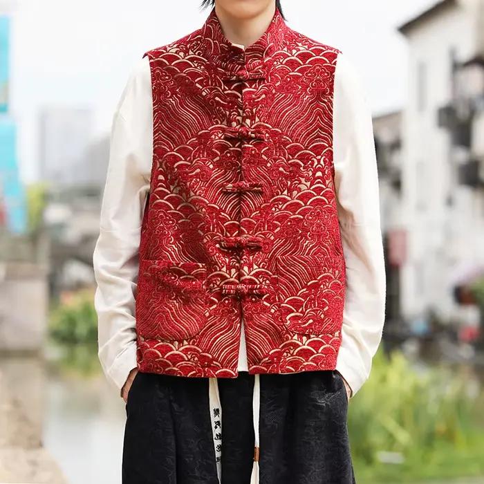 Nouveau gilet rouge chinois pour homme mode Jacquard Tang manteau vestes disque boucle vêtements traditionnels