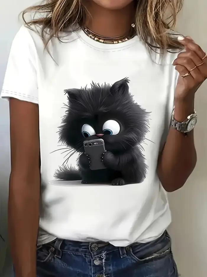 Fantaisie dessin animé chat imprimé T-Shirt col rond manches courtes