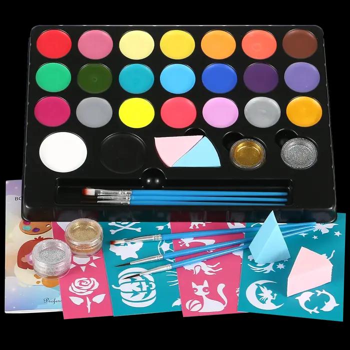 Bowitzki Kit de peinture faciale 23 couleurs à base d'eau, non toxique, professionnel, avec pochoirs