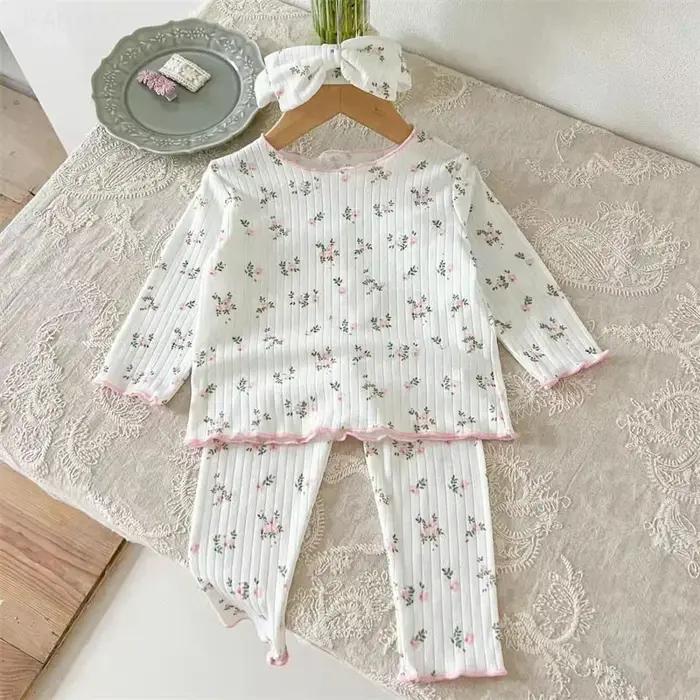  Nouveauté bébé filles imprimé fleuri coton pyjama ensemble à manches longues dentelle garniture deux pièces vêtements