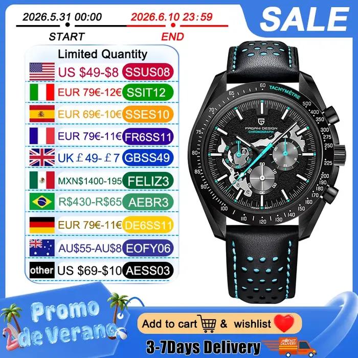 Montre homme PAGANI DESIGN Moon Watch quartz étanche squelette chronographe sport verre saphir AR 1779
