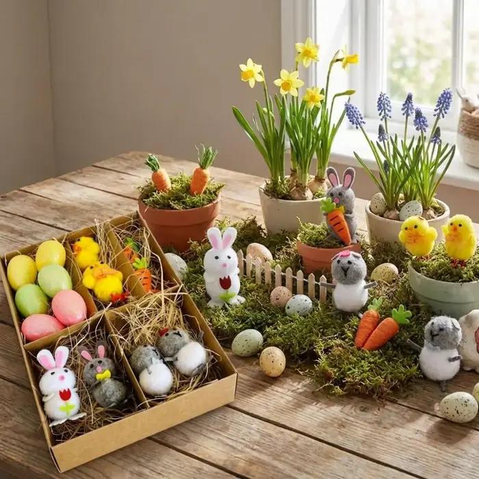 Ornement de Pâques amusant et joyeux : Œufs de Pâques, poussins et figurines de lapins réalistes et mignonnes, faites à la main, pour la décoration de Pâques et les fêtes