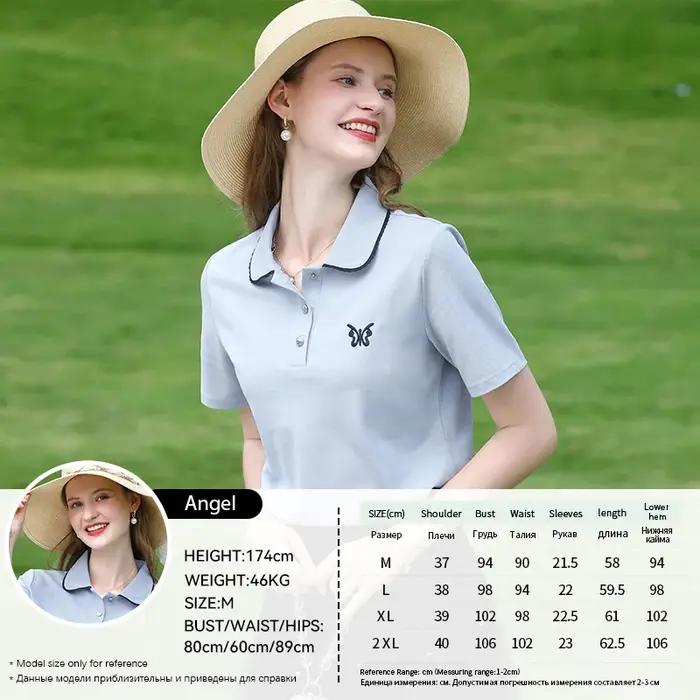 Je crois que vous T-shirt col polo bleu pour femmes été 2025 papillon brodé respirant manches courtes t-shirts 225201596