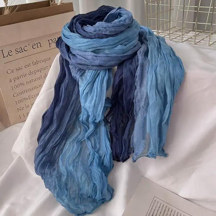Écharpe en Coton et Chanvre pour Femme, Dégradé Bleu, Rétro Polyvalent, Imprimé, Long, Châle Doux, N