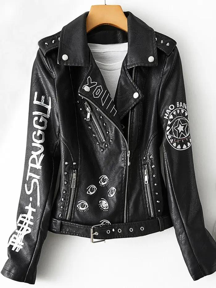 Fitaylor automne hiver femmes Graffiti imprimé veste en simili cuir dame Moto vélo manteau