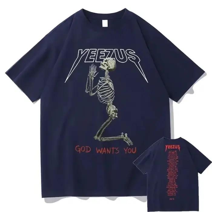 T-shirt double face en coton pur pour hommes et femmes, design tête de mort, style décontracté, hip hop, streetwear, quatre saisons, occasions spéciales