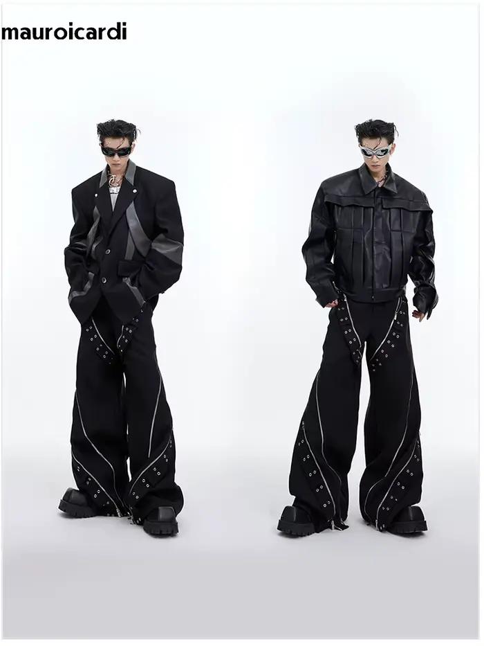 Mauroicardi-Pantalon Baggy à Jambes Larges pour Homme, Streetwear Cool, Long, Noir, Flowy, Vêtements