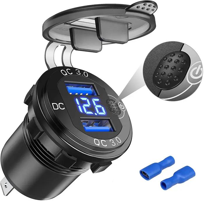 Adaptateur de chargeur automatique QC3.0 36W étanche avec interrupteur de voltmètre