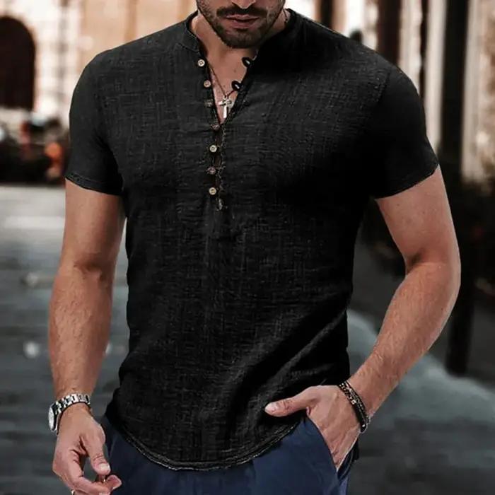 T-shirt à manches courtes pour hommes, chemise boutonnée en coton et lin, vêtements décontractés pou