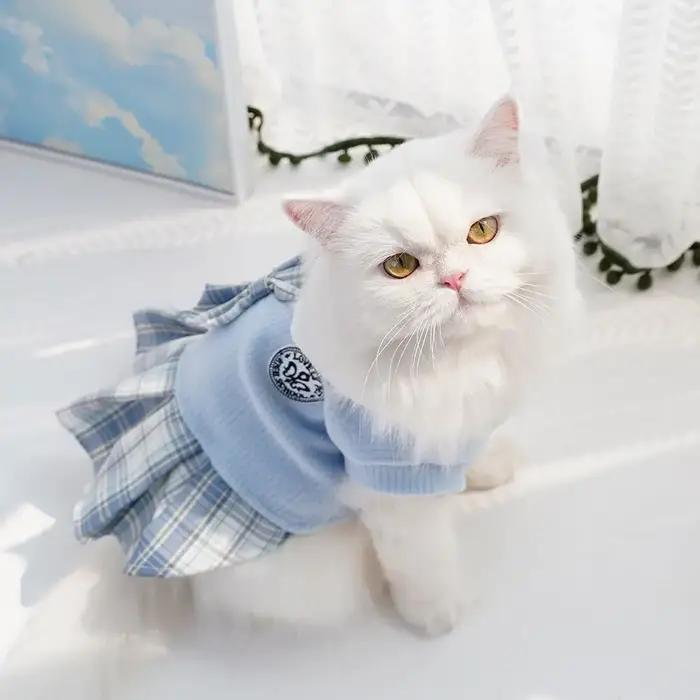 Jupe à carreaux Kawaii pour animaux de compagnie, Design confortable, vêtements pour chat de Style collégial, petite taille moyenne, robe tricotée pour chien, automne/hiver