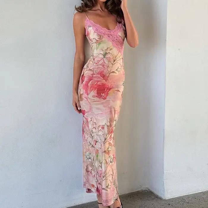 Robe longue décontractée sans manches à col en V pour femme, sexy, dos nu, imprimée, coupe ajustée, patchwork, à volants, pour soirée et club, été 2026