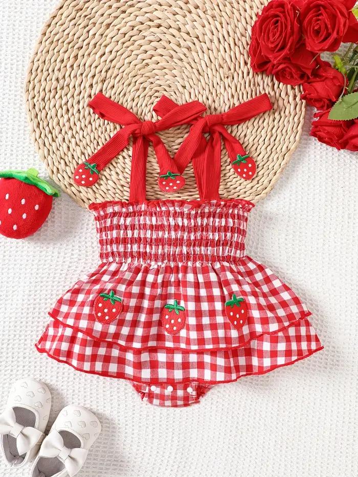 Robe barboteuse smockée à bretelles à nouer pour bébé fille – Corsage froncé extensible et jupe superposée