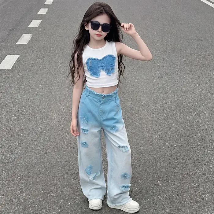 Ensembles de vêtements pour adolescentes : Offres exceptionnelles – Crop top à nœud + Jean large déchiré avec papillon – 2 pièces – Tenues tendance dégradées pour enfants