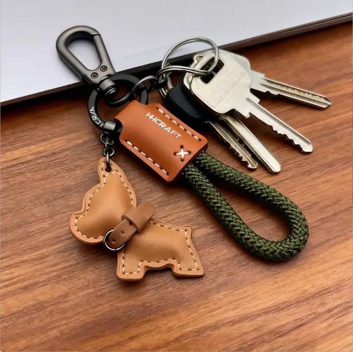 Porte-clés bouledogue français en cuir véritable fait à la main
