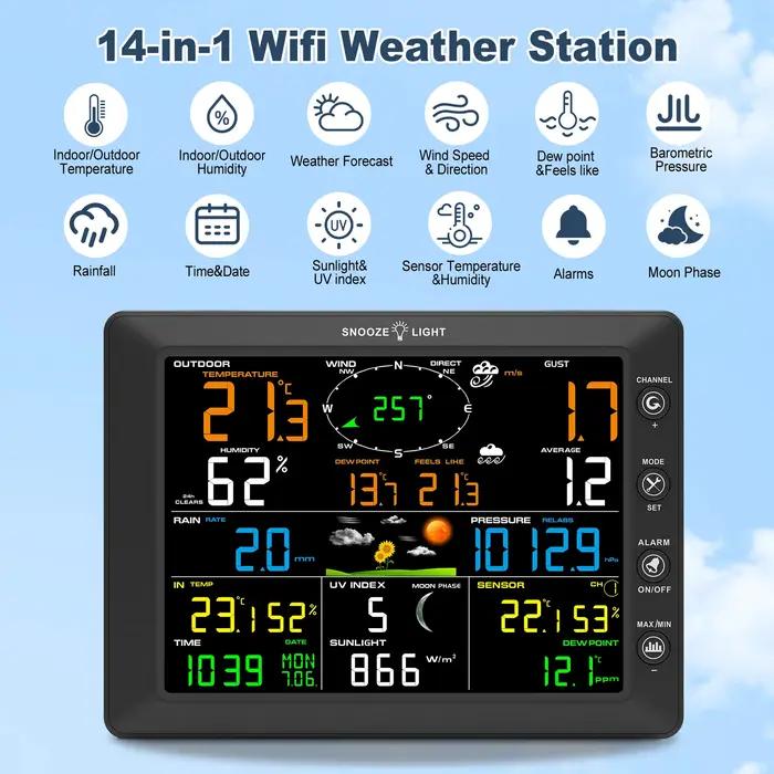 Urageuxy WiFi Station météo intérieure extérieure sans fil maison avec pluviomètre et vitesse du vent/directiontempérature humidité Weathe