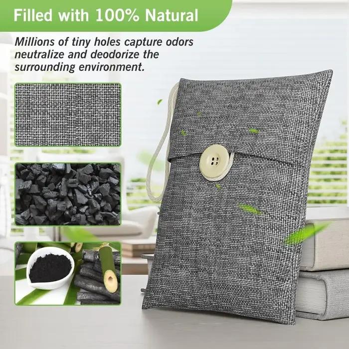 Sac de charbon de bambou activé pour purifier l'air et éliminer les odeurs pour maison et voiture en gris foncé ivoire lavande orange vert