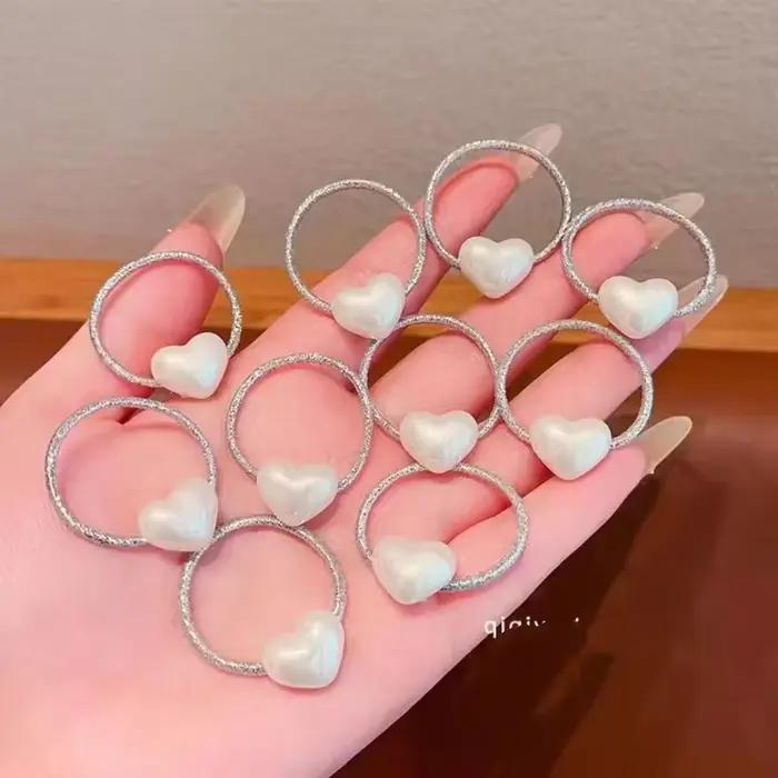 Élastiques en forme de cœur en caoutchouc pour filles - Haute élasticité - Couleur Argent, Beige, Or - Accessoire de coiffure extérieure - Occasions spéciales