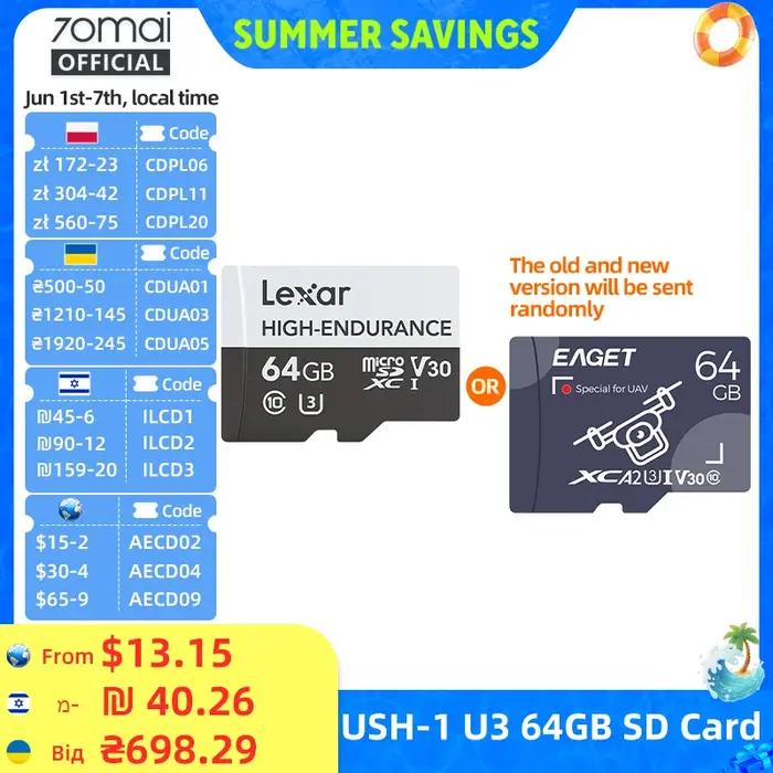 Carte Micro SD haute précision 32 go 64 go 128 go TF USH-3 pour caméra de tableau de bord 70mai 4K A810 A800SE A800S
