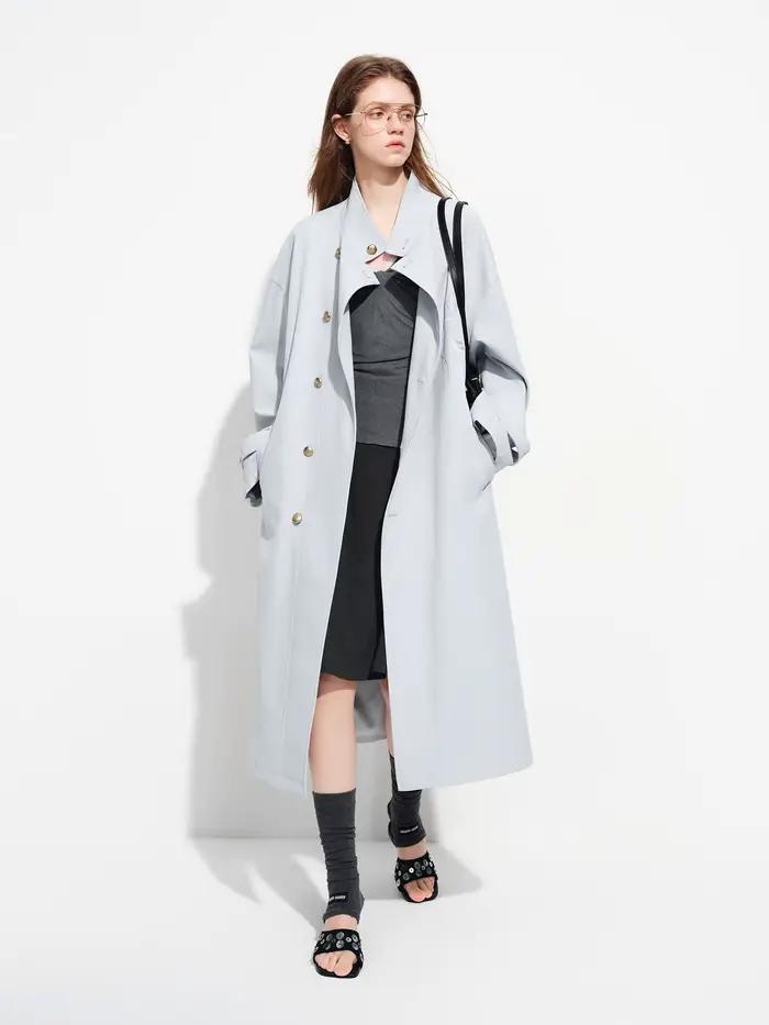 Manteau long kaki FSLE brodé de style chinois à col montant classique pour femme, collection Printem