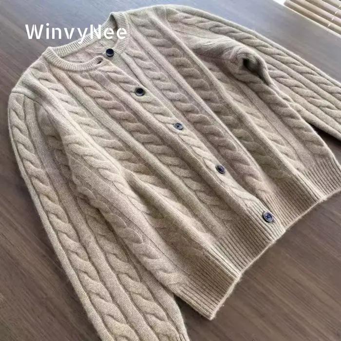 WinvyNee femmes laine mérinos Cardigans pull solide col rond torsion décontracté tricoté hauts hiver