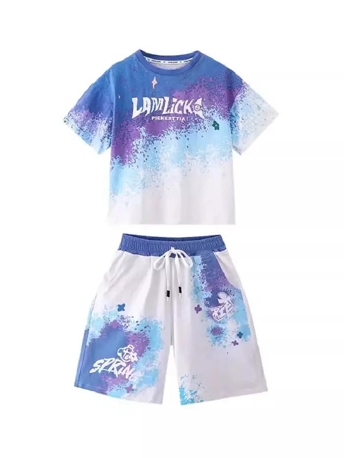 Ensemble ample et décontracté pour garçons, T-shirt + Short dégradé, 2 pièces, vêtements de Sport à
