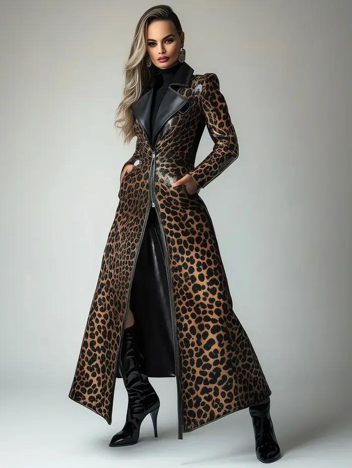 Trench-coat en cuir PU avec poche zippée et motif léopard