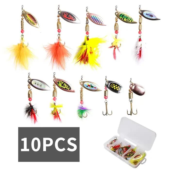 10 pièces en boîte cuillère rotative Kit leurre leurres de pêche appâts artificiels hameçons en métal basse truite perch