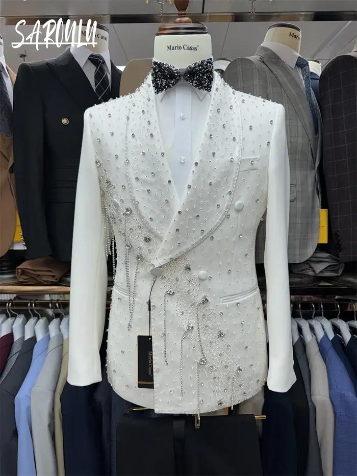 Chic beau danse hommes 2 pièces Date costume ensemble offre spéciale châle revers magnifique gland veste pantalon fête de mariage marié porter