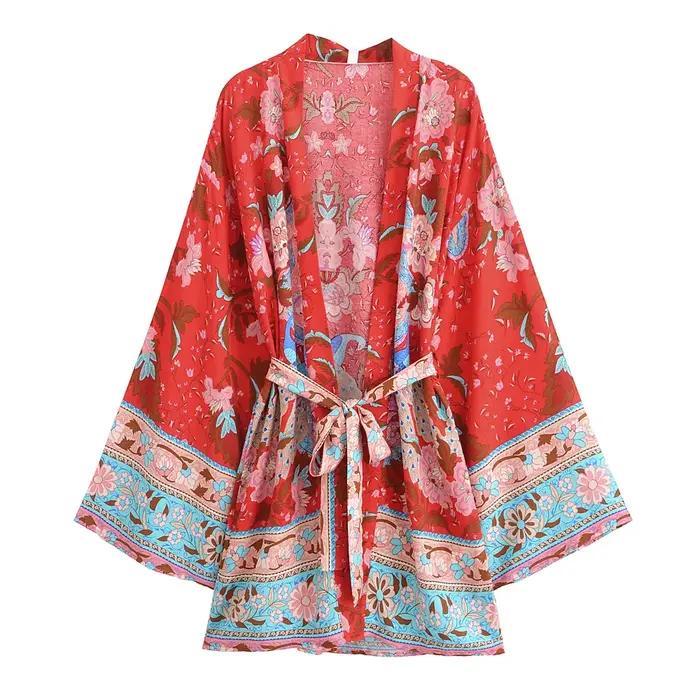 Kimono femme vintage imprimé paon floral manches chauve-souris couverture maillot boho plage