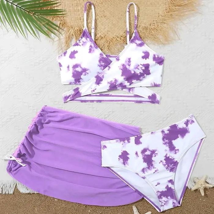 Maillot de bain 3 pièces imprimé Tie-Dye 2026 pour filles avec jupe