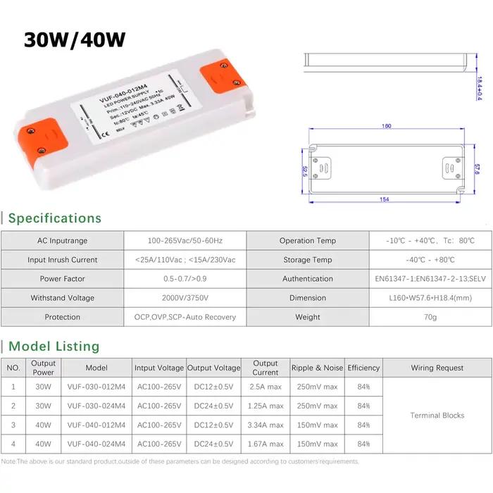 Pilote LED Ultra fin 6W 12W 15W 20W 30W 50W 60W, 110V 220V à DC12V 24V, alimentation électrique, ada