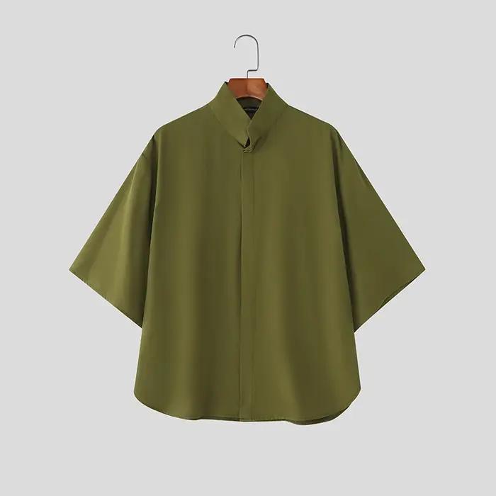 INCERUN hommes chemise solide col montant à manches courtes
