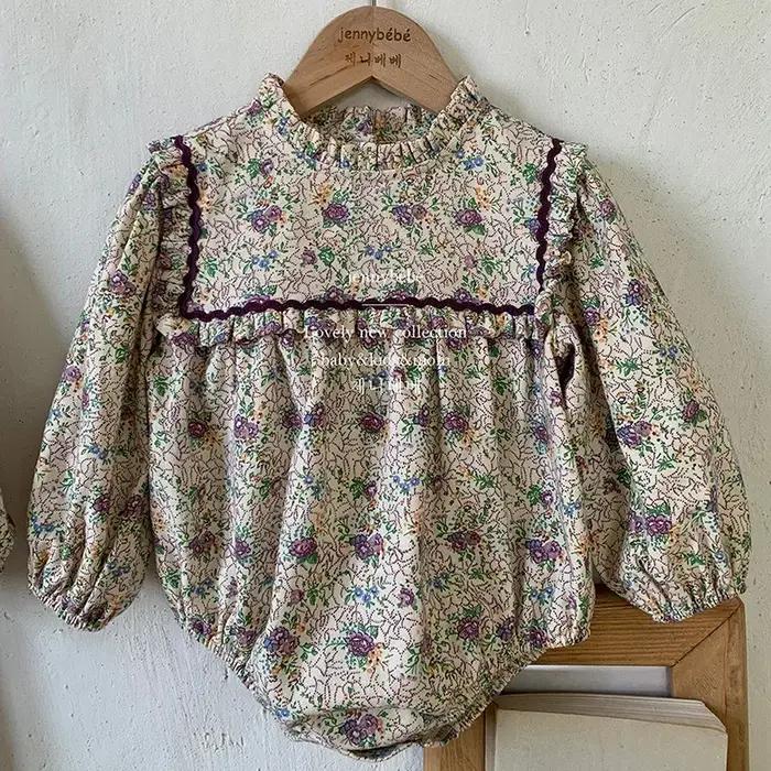 Combinaison pour bébé fille en coton, style floral vintage, manches longues, élégante et confortable pour les occasions spéciales