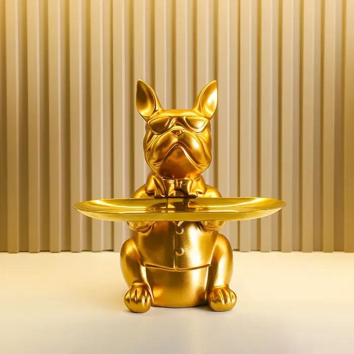 Statue de Bouledogue Français Doré avec Plateau